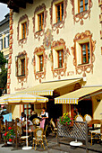 sidewalk cafe in village of St. Wolfgang at lake Wolfgangsee, Salzkammergut, Salzburg, Austria