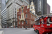 Exploring the historic district of Boston (here the Old State house) with an amphibic duck tour vehicle, Boston, Massachusetts, USA, ,USA