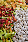 Sweet Paprika Peppers and Garlic Cloves in Central Market Hall, Pest, Budapest, Hungary
