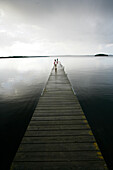 Zwei Personen stehen auf einem Steg, Holzsteg am See, Wolkenhimmel, Madkroken in der Nähe von Växjö, Smaland, Schweden
