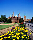 Holstentor gate and gardens. Lübeck. Germany