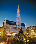 City Hall building at the Grand Place with Christmas lights. Brussels. Belgium