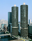 Marina City twin towers along Chicago River. Chicago. Illinois. USA