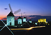 Windmills and castle, Consuegra. Toledo province, Castilla-La Mancha, Spain (April 2007)