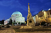 Széchenyo square: Holy Trinity column and Mosque of pasha Gazi Khassim. Pécs. Hungary