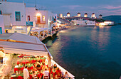 Restaurants at Alefkandra and windmills. Mikonos. Cyclades islands. Greece