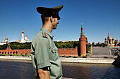 Soldier. St. Basil s cathedral and Red Square in background. Moscow. Russia