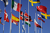Flags from different nations in Stockholm. Sweden