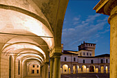 Arcades in Piazza (square) Castello and Castello di San Giorgio. Mantova. Lombardy, Italy