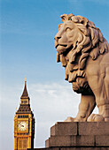Big Ben and Westminster Bridge lion. London. England