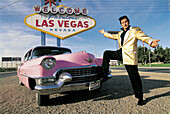 Jesse Garon, Elvis look-alike and pink sixties cadillac. Las Vegas. USA