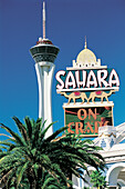 Sahara Hotel and Casino, Stratosphere Hotel in background. Las Vegas. Nevada. USA