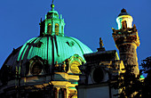 Karlskirche dome and belfry at night. Vienna. Austria