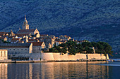 Fortified city ramparts at sunrise. Korcula Island. Croatia