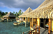 Lagoon and Hotel Kia Ora bungalows on stilts . Rangiroa atoll.Tuamotu Islands. French Polynesia