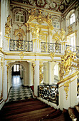 Mian staircase of Summer Palace (1714-28) at Petrodvorets. St. Petersburg. Russia