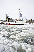 Fischerboot im Hafen im Winter, Wolgast, Mecklenburg-Vorpommern, Deutschland