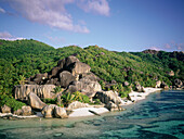 Aerial of Source d argent beach and rocks. La Digue island. Seychelles islands