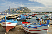 Fishermen boats in the harbour. Seaside resort of Mondello near Palermo. Sicily. Italy