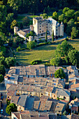 Aerial of Allemagne-en-Provence village and castle. Alpes de Haute-Provence, Provence, France
