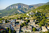 Aerial of the village of Saint Jurs. Alpes de Haute-Provence, Provence, France