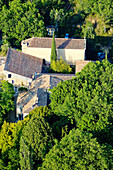 Aerial of Ségriès monastery near Moustiers-Sainte-Marie. Alpes de Haute-Provence, Provence, France