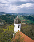Church tower and roof in spring. Bavaria, Germany