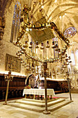Main altar with baldachin designed by Gaudi at Gothic cathedral. Palma de Mallorca. Majorca, Balearic Islands. Spain