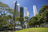 View of the Singapore skyline and Cavenagh Bridge. Singapore.