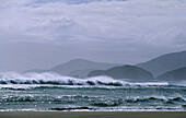 Surf at Mason Bay, Codfisch Island in the background, Steward Island, New Zealand
