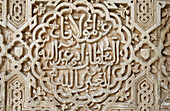 Detail of Arabic carving at the Patio de los Arrayanes (Court of the Myrtles), Alhambra. Granada. Spain