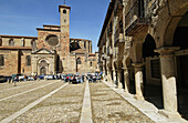 Plaza Mayor (Main Square), Renaissance architecture built 15th century, and cathedral in background. Sigüenza. Guadalajara province, Spain