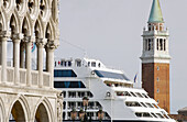 Cruise ship between the Doge s Palace and the tower of San Giorgio Maggiore church. Venice. Veneto, Italy