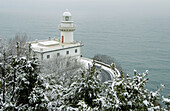 Snow in the coast. Igeldo lighthouse. San Sebastian, Donostia. Euskadi. Spain.