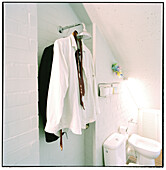 Clothes hanged in the shower head