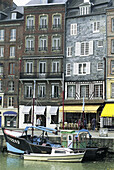 Houses covered with slates lining the harbour. Honfleur. Seine-Maritime. Normandy. France