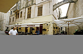 Terrace restaurant in winter. The high town in the Citadel. Bonifacio. South Corsica. Corsica Island. France