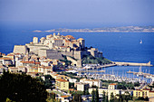 Overview on the genovese citadel and sea front. Calvi, Corsica Island. France