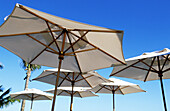 White sunshades. Hotel Resort Oberoi. Pointe Aux Piments. Mauritius