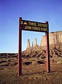 Three Sisters peak sign. Monument Valley. Utah. USA