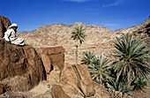 Young Bedouin boy close to palm tree grove among red rocks. Sinai desert, Egypt