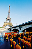 Eiffel tower and empty tour boat on Seine river. Paris. France