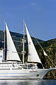 The liner Club Med 2 cruising in the Gulf of Porto. Corsica. France.