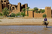 Ait BenHaddu Ksar (adobe fortress), river (oued) in spring. South, Ouarzazate region. Morocco.
