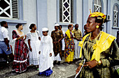 Yearly sunday mass in Sainte-Marie with ladies dressed in traditional attire. Martinique island. French antilles (caribbean)
