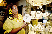 Jeweler shop selling black pearls in Moorea island.Tahiti. French Polynesia (model released)