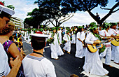 Parade for the Heiva festival in July. Papeete. Tahiti island in the Windward islands. Society archipelago. French Polynesia