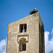 Storchennest auf der Spitze des Glockenturms, Kirche San Juan, Pedraza de la Sierra, Provinz Segovia, Spanien