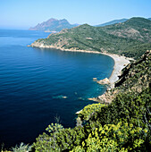 Bussaglia beach, La Scandola in background. Gulf of Porto. South Corsica. Corsica Island. France