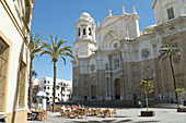 The cathedral seen from Plaza de la Catedral. Cadiz, Costa de la Luz, Andalusia, Spain.